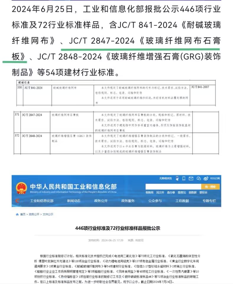 行业标准《玻璃纤维网布石膏板》公示
